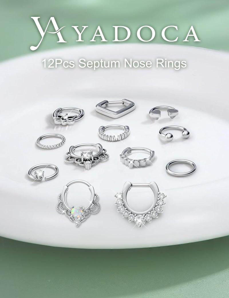 Yadoca 12pcs 16G Septum Rings for Women Men Hypoallergenic Surgical Steel Nose Piercings Jewelry Clicker Hinged Tragus Hoop Earrings CZ Love Nose Ring 8-10mm - Image 5